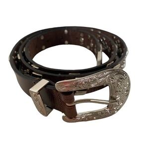 Guess Brown Leather Silver Buckle Studded Wide Western Equestrian Belt  …